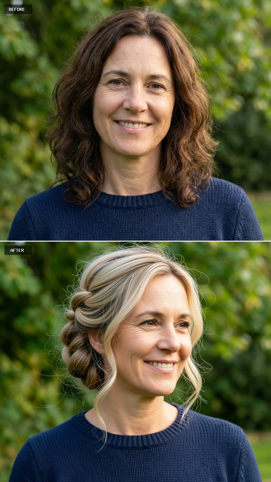 Elegant Low Braided Updo In Blonde With Soft Flyaways And Natural Texture, Timeless And Feminine On A 49-year-old Woman Smiling Outdoors