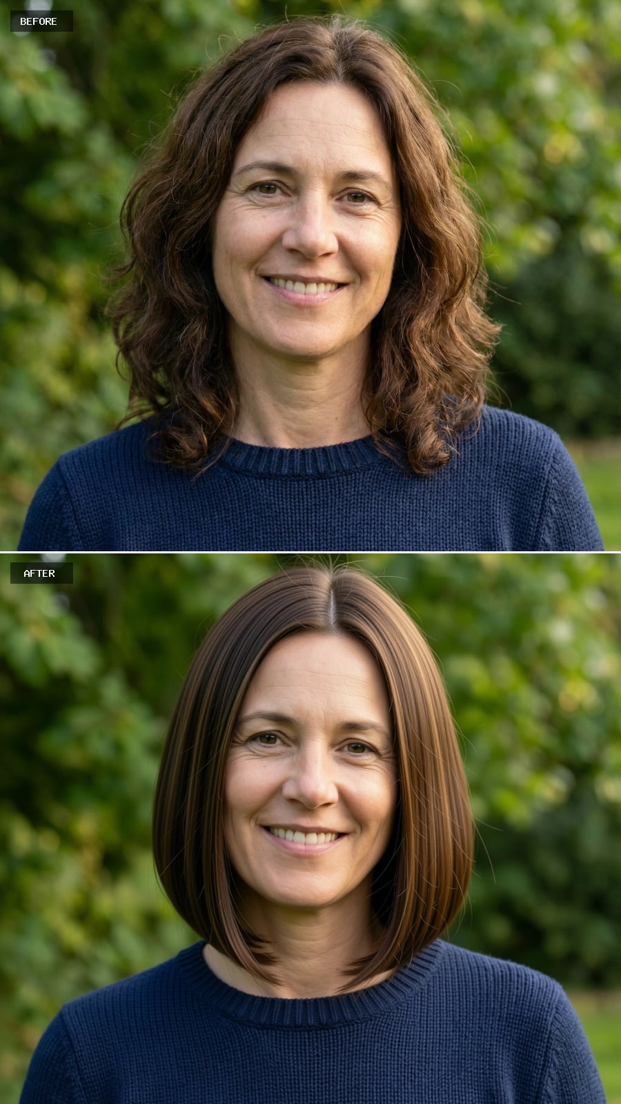 Blunt Jaw-length Brunette Bob With Soft Internal Layering And A Center Part, Sleek And Modern Finish On A 49-year-old Woman Smiling Outdoors