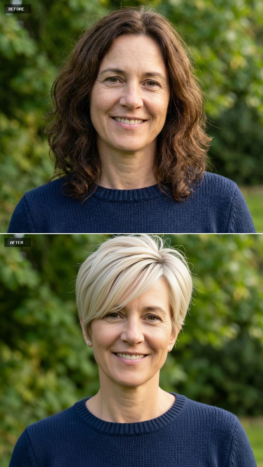 Short Blonde Pixie With Side-swept Bangs And Textured Crown, Airy And Contemporary On A 49-year-old Woman Smiling Outdoors