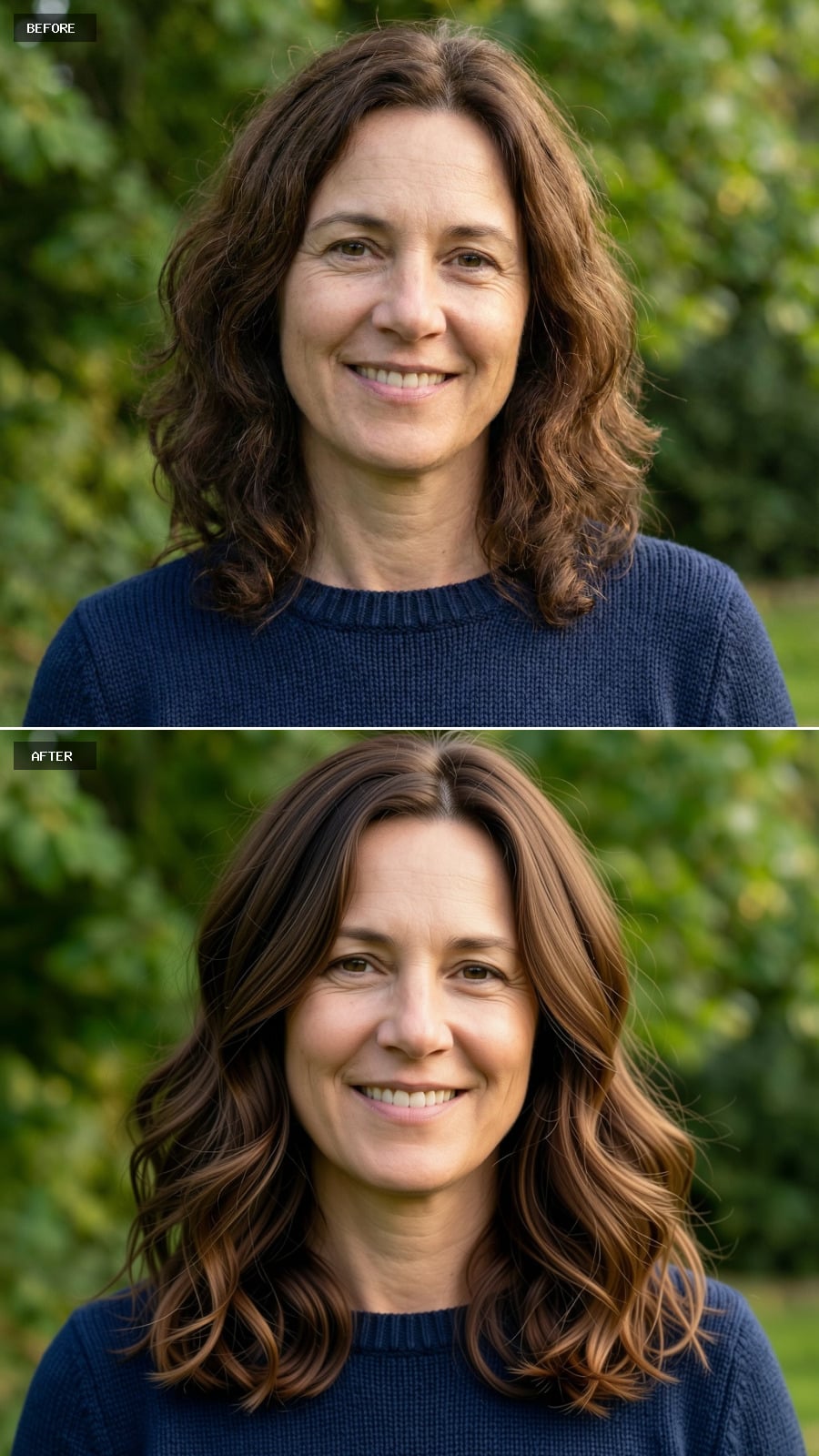 Shoulder-length Brunette Waves With Long Layers And A Soft Middle Part, Natural Volume And Movement On A 49-year-old Woman Smiling Outdoors