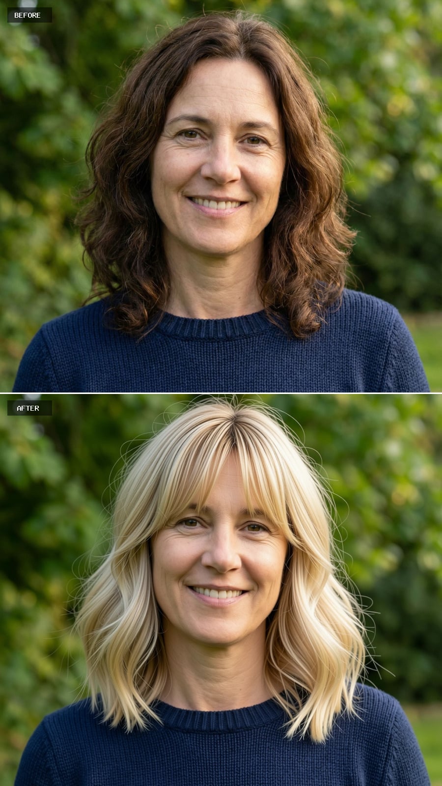 Collarbone-length Blonde Cut With Curtain Bangs And Gentle Layering, Softly Waved For An Effortless Look On A 49-year-old Woman Smiling Outdoors