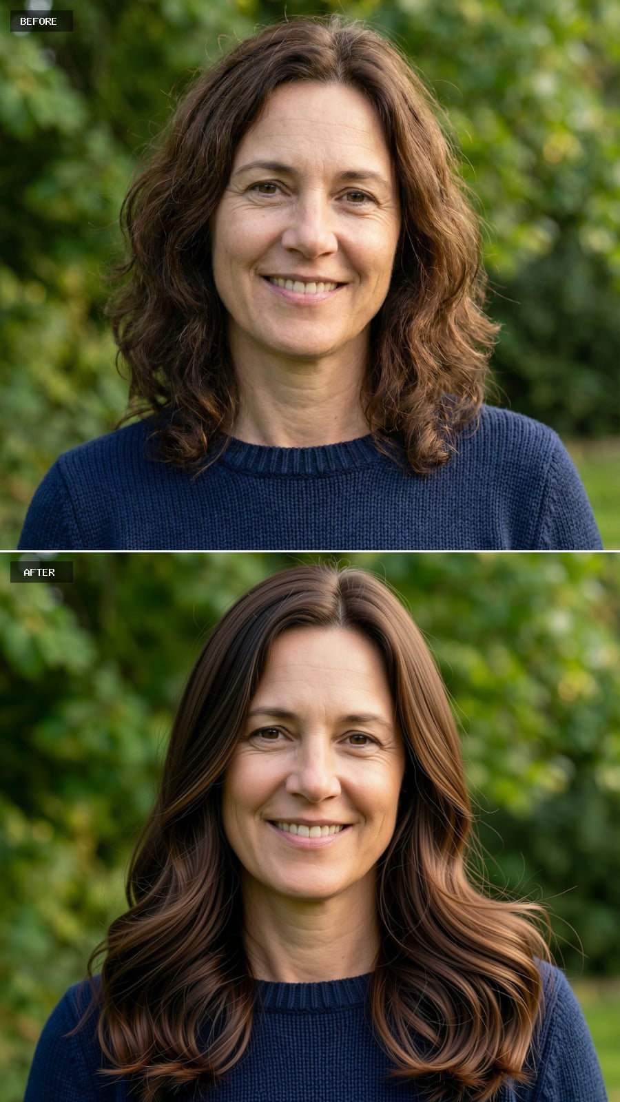 Long Brunette Hair In A Smooth Blowout With Layered Ends And Subtle Bend, Refined And Flattering On A 49-year-old Woman Smiling Outdoors