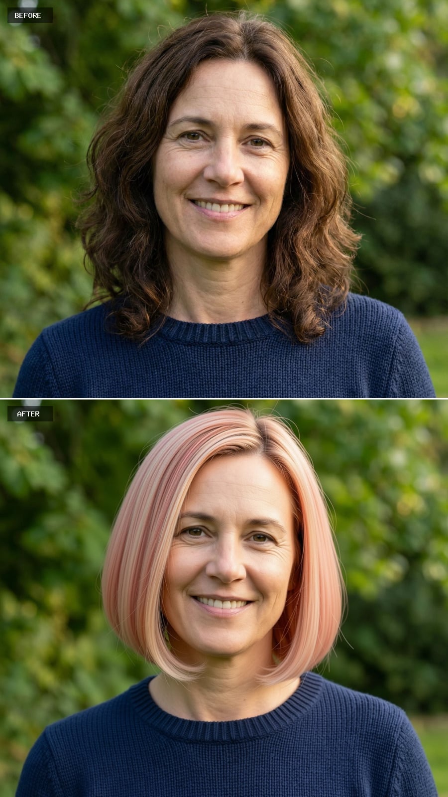 Classic Chin-length Strawberry Blonde Bob With Rounded Shaping And Clean Lines, Timeless And Chic On A 49-year-old Woman Smiling Outdoors