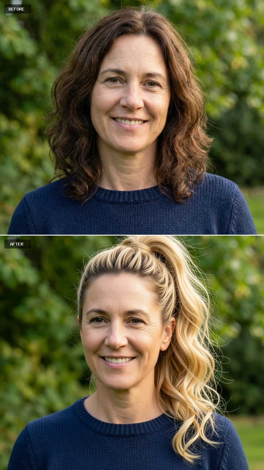 High Textured Ponytail In Blonde With Lifted Crown And Soft Waves Through The Length, Sporty Yet Polished On A 49-year-old Woman Smiling Outdoors