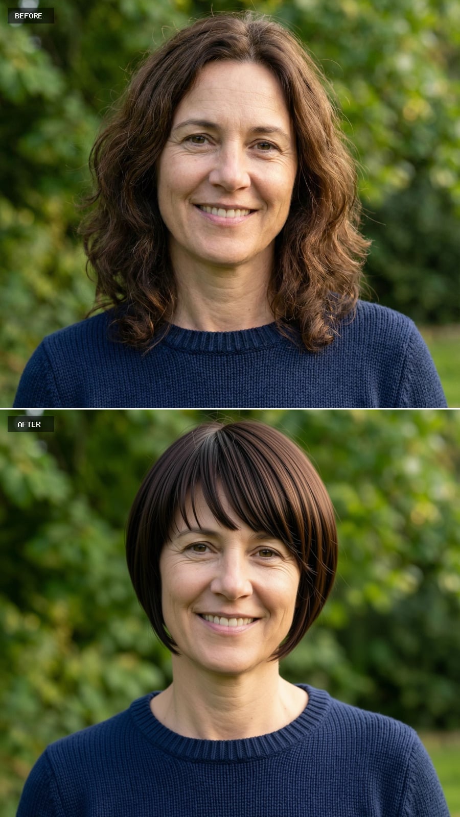 Short Brunette Pixie With Tapered Sides And A Longer Fringe, Modern Confidence On A 49-year-old Woman Smiling Outdoors
