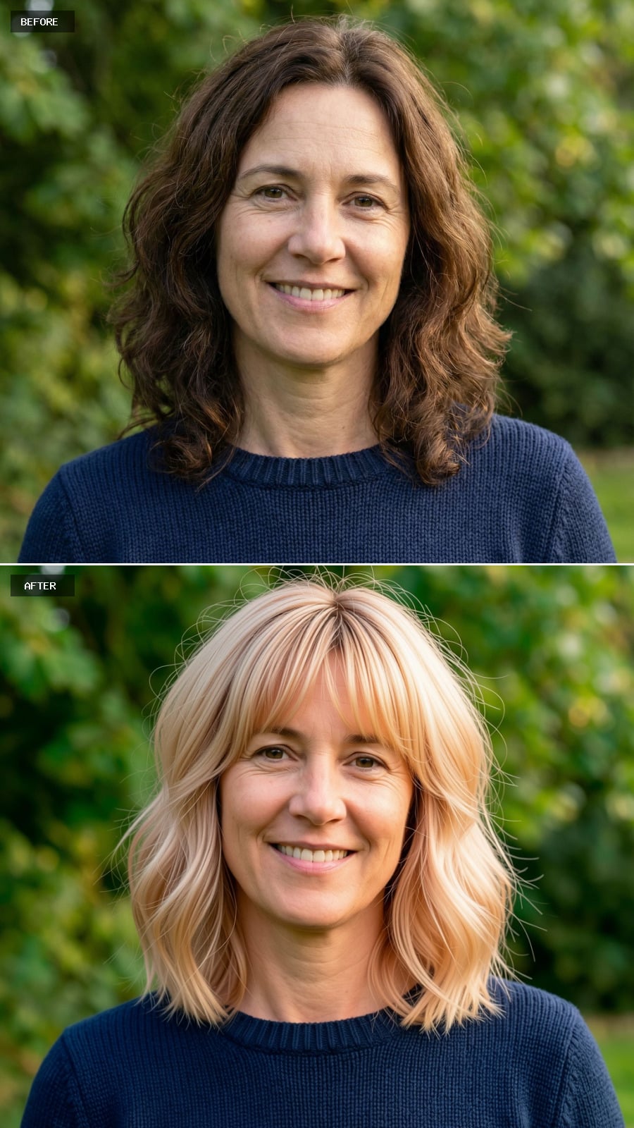 Medium-length Strawberry Blonde Cut With Light Shag Layers And A Soft Fringe, Airy And Youthful On A 49-year-old Woman Smiling Outdoors