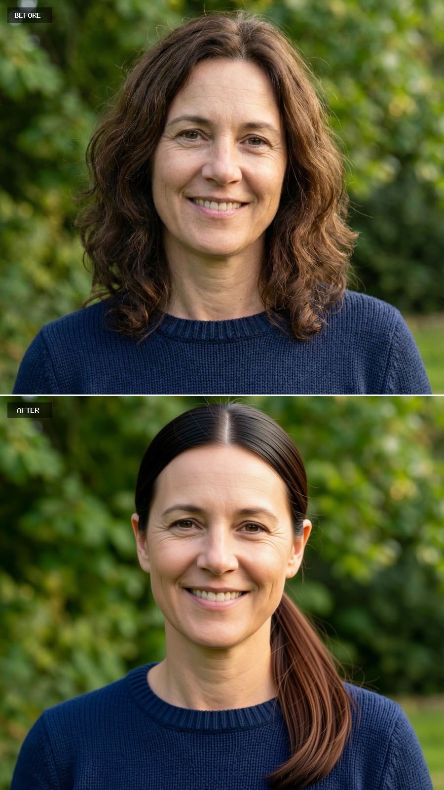Sleek Low Ponytail In Brunette With A Center Part And Smooth Finish, Minimalist Elegance On A 49-year-old Woman Smiling Outdoors