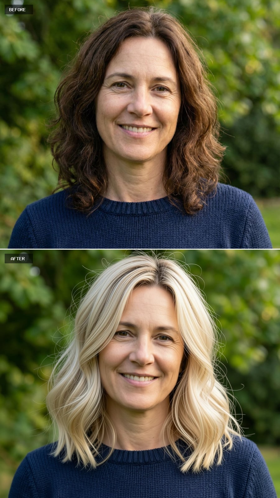 Blonde Shoulder-length Cut With Subtle Layering And Flipped-out Ends, Playful Modern Style On A 49-year-old Woman Smiling Outdoors