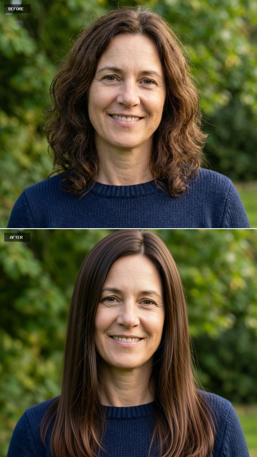 Long Straight Brunette Hair With Wispy Layers And A Deep Side Part, Sophisticated And Polished On A 49-year-old Woman Smiling Outdoors