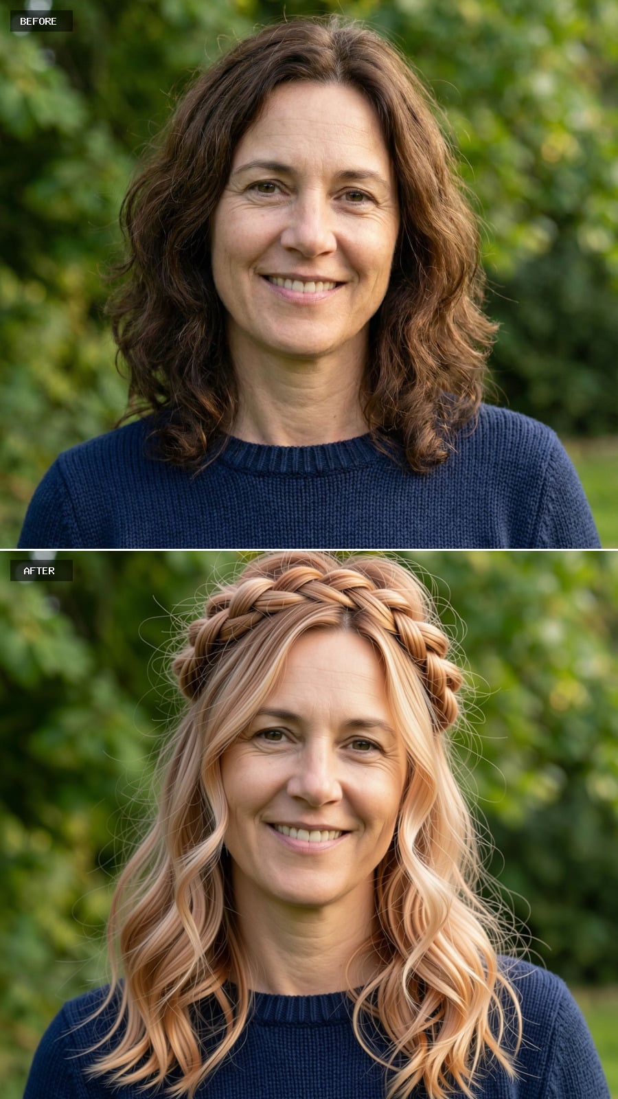 Loose Braided Crown Hairstyle In Strawberry Blonde With Soft Texture And Flyaways, Romantic And Feminine On A 49-year-old Woman Smiling Outdoors