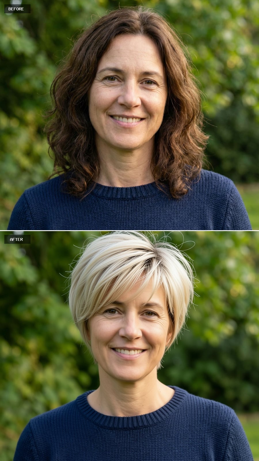 Short Blonde Pixie With Choppy Layers And Textured Fringe, Fresh And Flattering On A 49-year-old Woman Smiling Outdoors