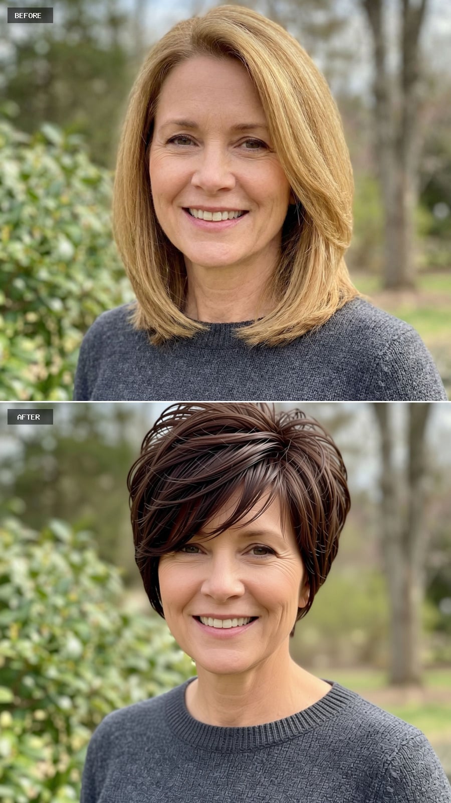 Short Textured Brunette Pixie With Longer Crown Layers And Side-swept Fringe, Lightweight Volume And Movement, Confident And Contemporary On A 51-year-old Woman Smiling Outdoors