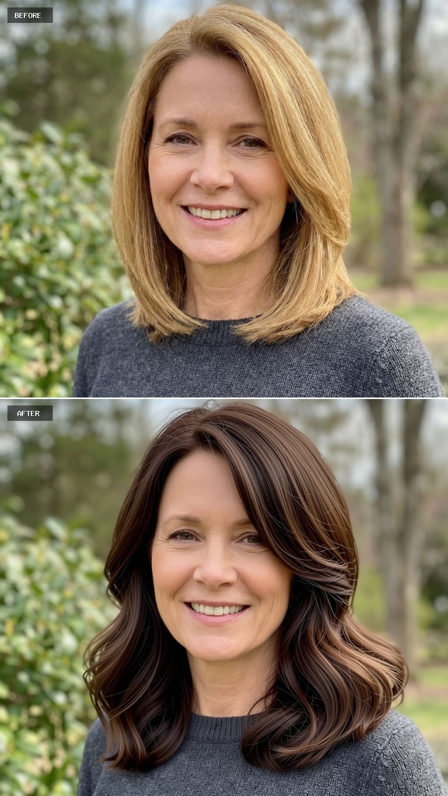 Shoulder-length Brunette Waves With A Soft Side Part And Layered Ends, Natural Volume And Softness On A 51-year-old Woman Smiling Outdoors