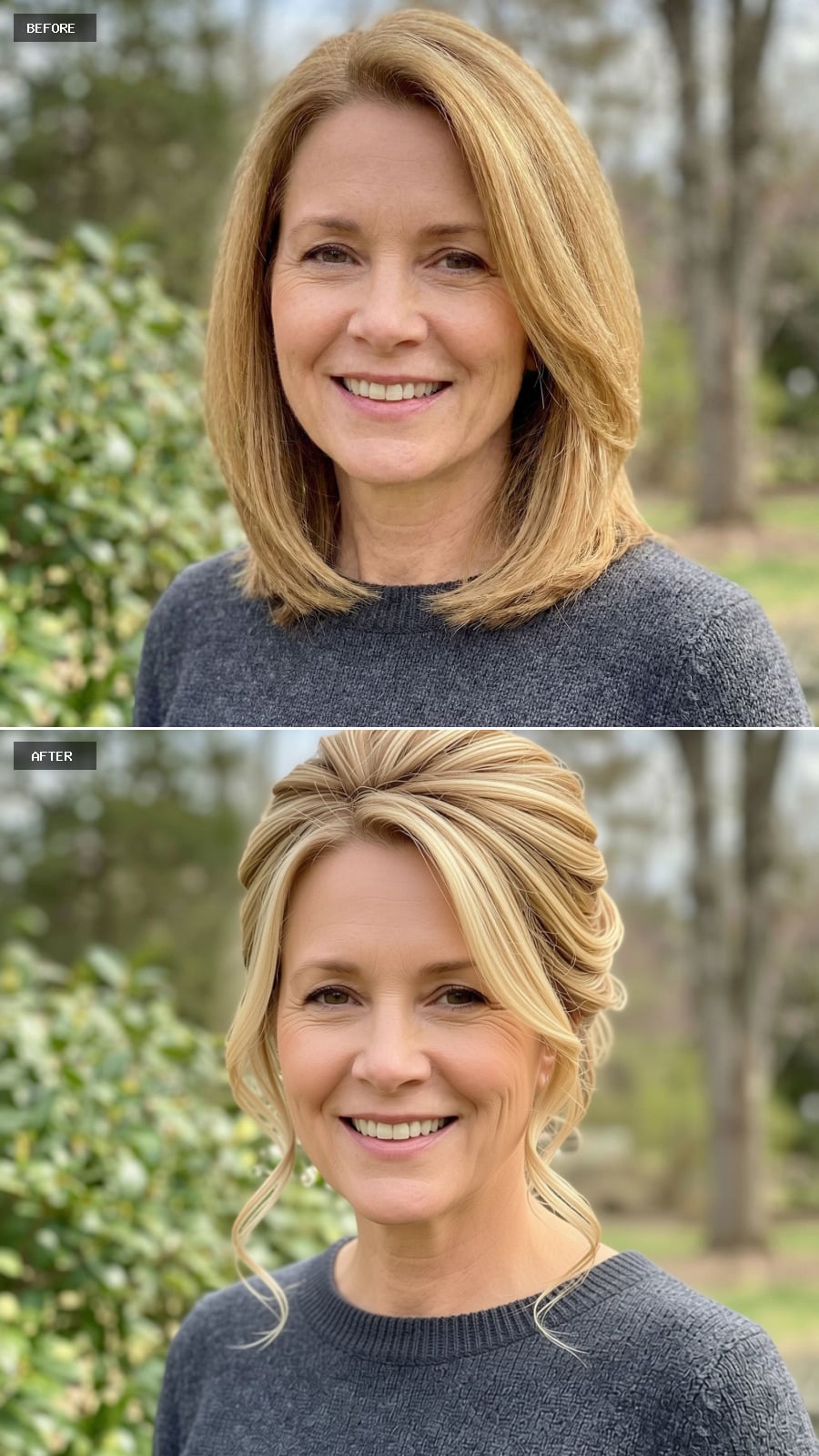 Elegant French Twist Updo In Blonde With Soft Tendrils Around The Face, Refined And Age-appropriate On A 51-year-old Woman Smiling Outdoors