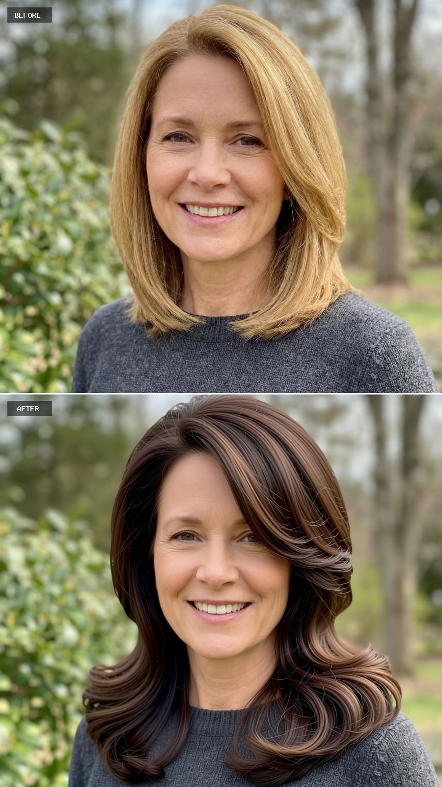 Long Brunette Hair Styled In A Smooth Round-brush Blowout With Layered Ends, Lifted And Flattering On A 51-year-old Woman Smiling Outdoors