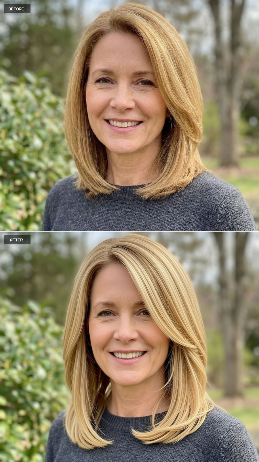 Soft Blonde Shoulder-length Lob With Long Blended Layers And A Smooth Blowout, Subtle Volume At The Crown, Polished Everyday Elegance On A 51-year-old Woman Smiling Outdoors