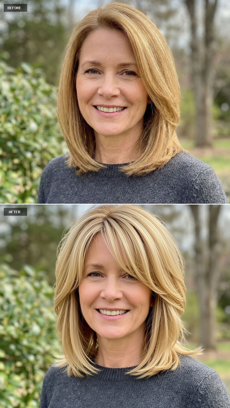 Medium-length Blonde Cut With Soft Shag-inspired Layers And Wispy Fringe, Modern Texture Without Heaviness On A 51-year-old Woman Smiling Outdoors