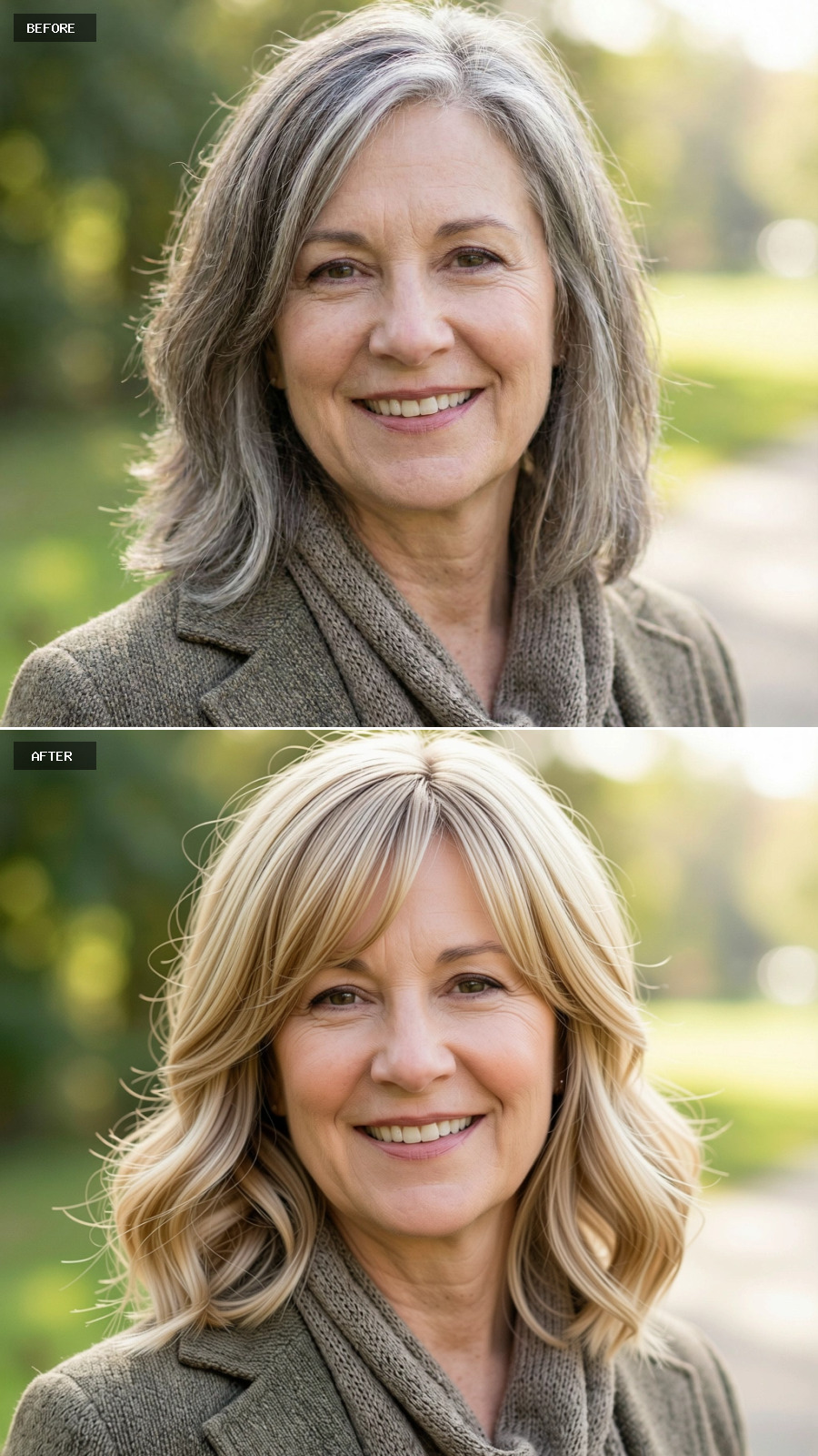 Collarbone-length Sandy Blonde Cut With Soft Curtain Bangs And Gentle Waves, Grey Blended Naturally Throughout For Dimension On A 60-year-old Woman Smiling Outdoors