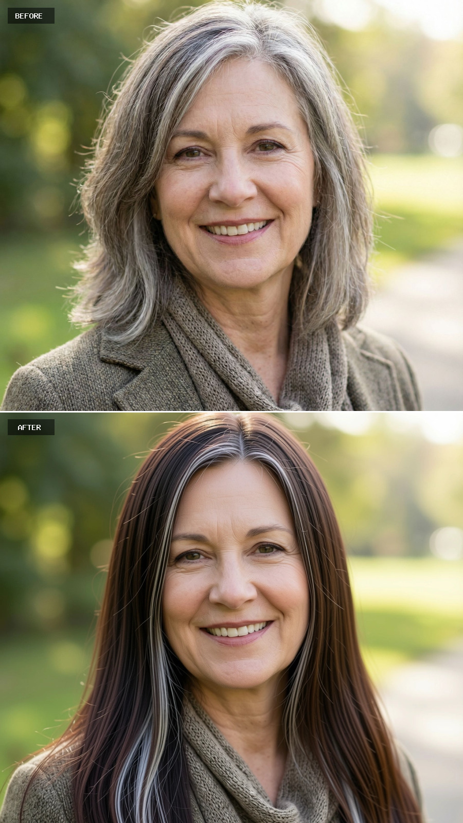 Long Brunette Hair With Partial Grey Woven In, Worn Straight With Invisible Layers And A Center Part, Sleek And Refined On A 60-year-old Woman Smiling Outdoors