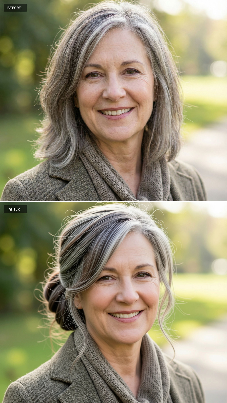 Low Loose Chignon Updo With Partial Grey And Brunette Tones, Soft Face-framing Strands And Natural Texture On A 60-year-old Woman Smiling Outdoors