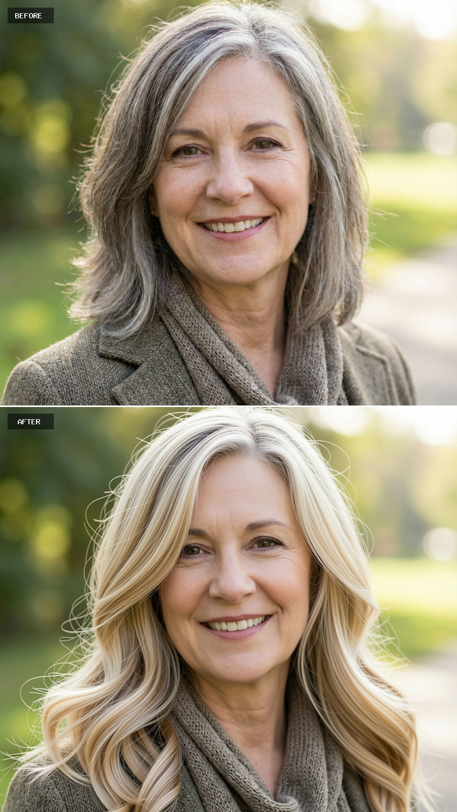 Long Sandy Blonde Hair Styled In Loose, Brushed-out Waves With Grey Dimension, Relaxed Elegance On A 60-year-old Woman Smiling Outdoors