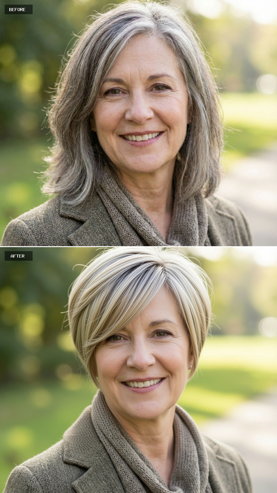 Short Sandy Blonde Pixie-bob With Tapered Nape And Longer Top Layers, Grey Softly Blended For Depth On A 60-year-old Woman Smiling Outdoors