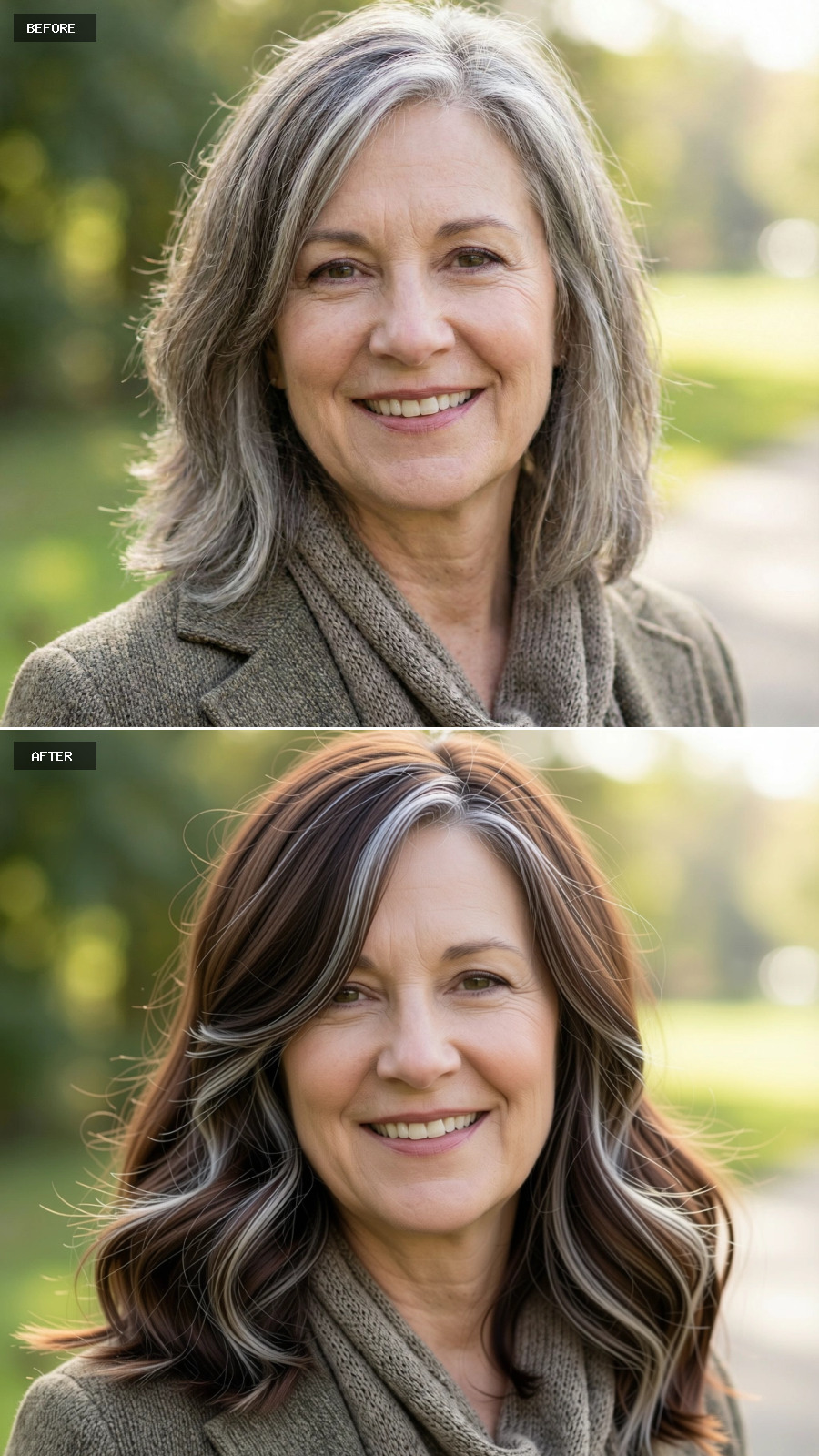 Shoulder-length Brunette Waves With Visible Silver Streaks, Soft Side Part And Layered Ends, Natural Movement On A 60-year-old Woman Smiling Outdoors