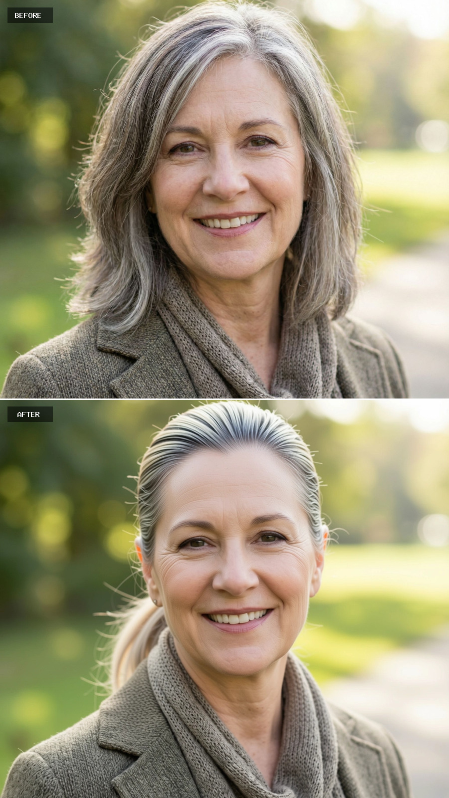 Sleek Low Ponytail In Sandy Blonde With Partial Grey, Smooth Crown And Understated Polish On A 60-year-old Woman Smiling Outdoors