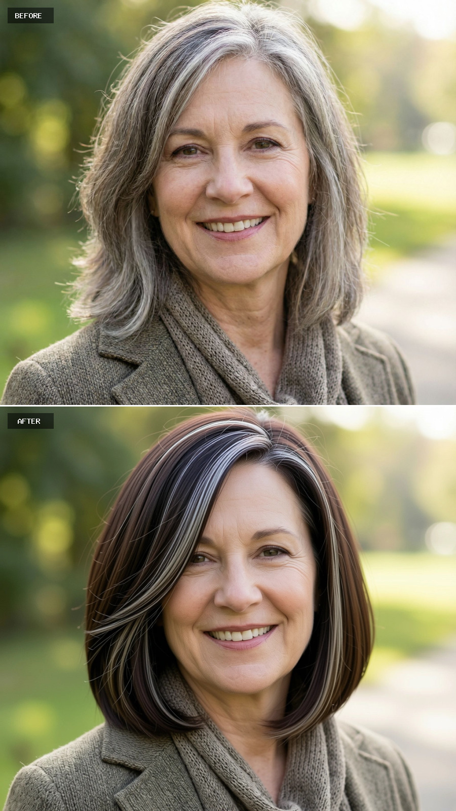 Jaw-length Brunette Bob With Salt-and-pepper Blending, Deep Side Part And Tuck-behind-the-ear Styling On A 60-year-old Woman Smiling Outdoors