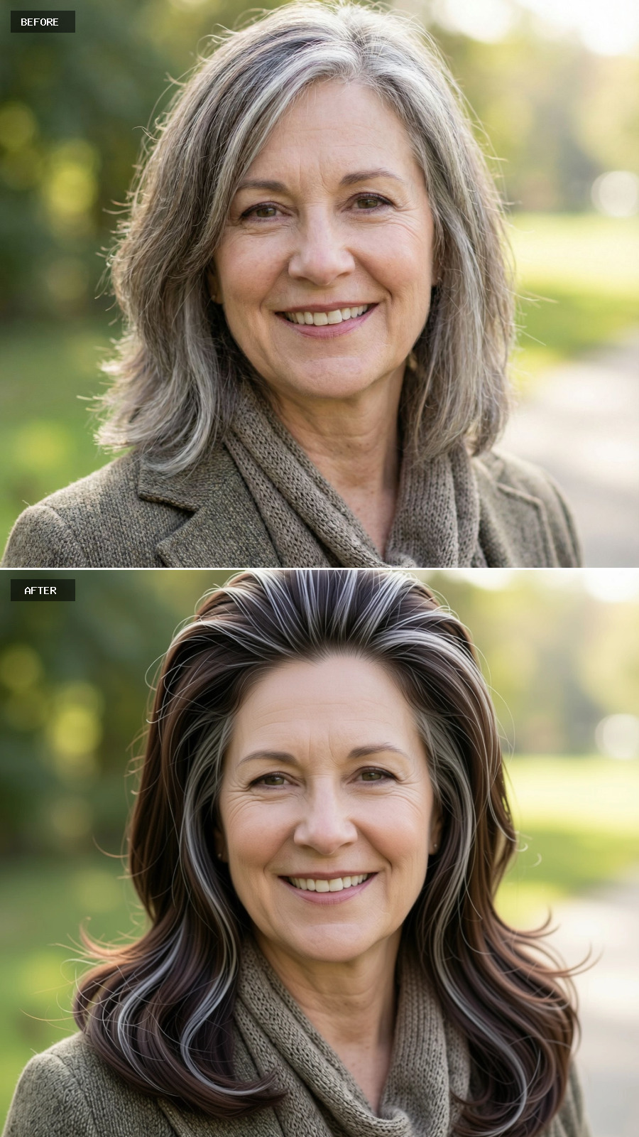 Long Brunette Hair With Silver Strands Worn In A Smooth Round-brush Blowout, Layered Ends And Lifted Volume On A 60-year-old Woman Smiling Outdoors