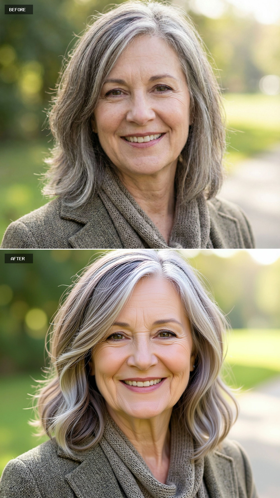 Blended Sandy Blonde Shoulder-length Cut With Flipped-out Ends And Subtle Grey Dimension, Playful Yet Sophisticated On A 60-year-old Woman Smiling Outdoors