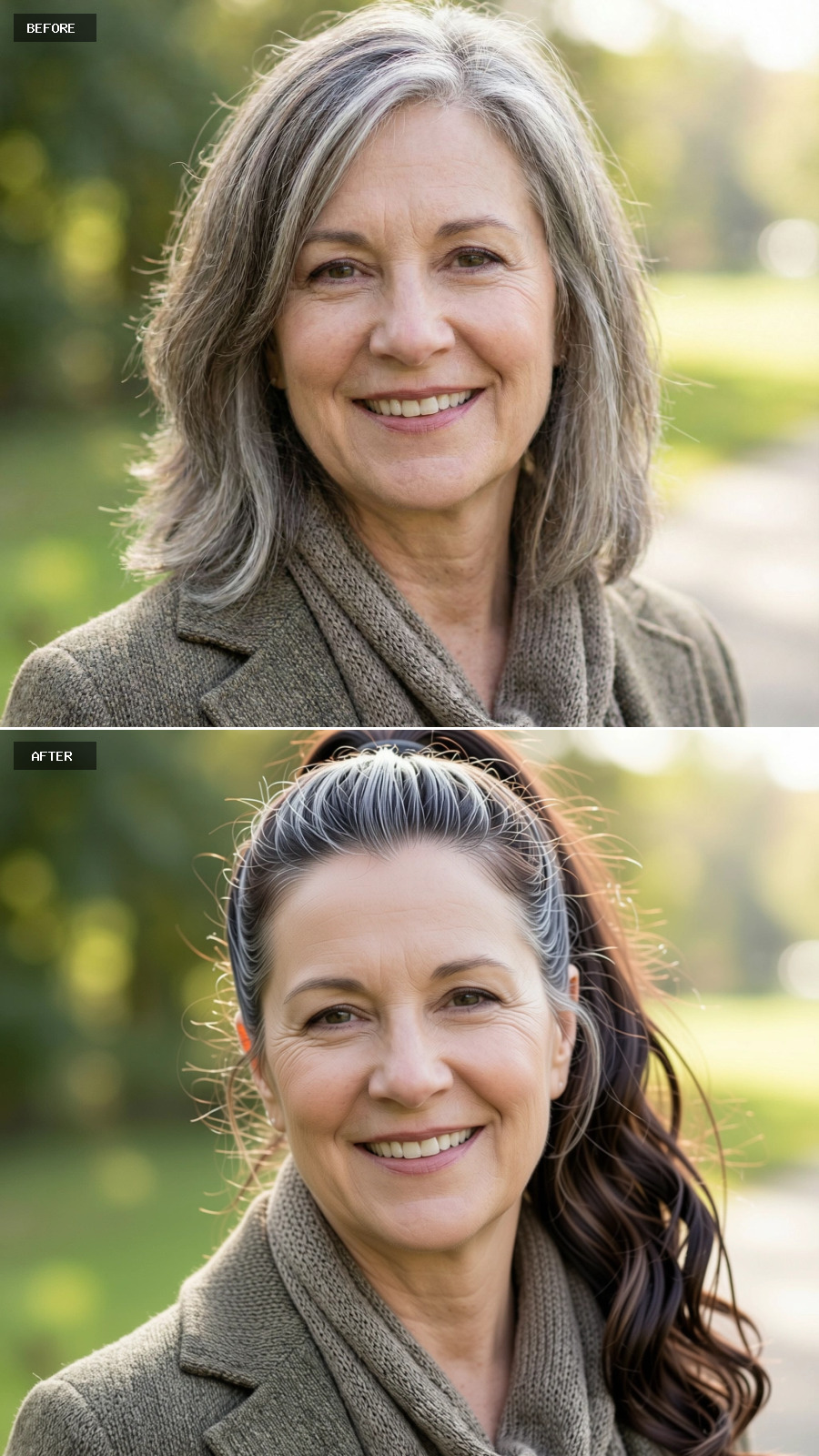 High Ponytail In Brunette With Visible Grey Streaks, Gentle Crown Lift And Softly Waved Length On A 60-year-old Woman Smiling Outdoors