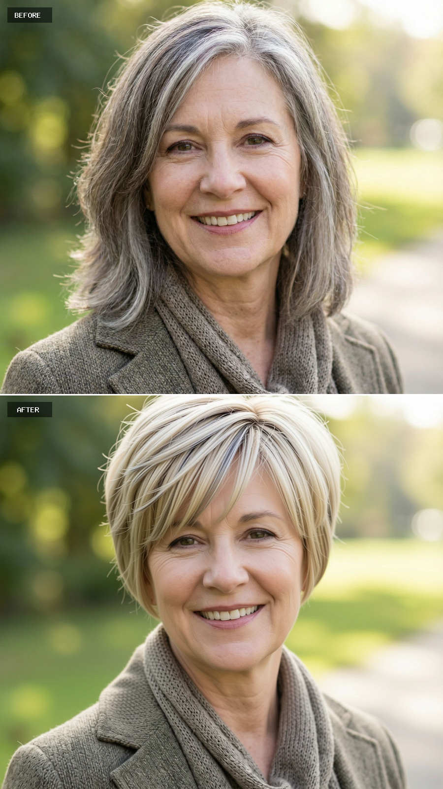 Short Sandy Blonde Pixie With Choppy Layers And Grey Accents At The Fringe, Fresh And Flattering On A 60-year-old Woman Smiling Outdoors