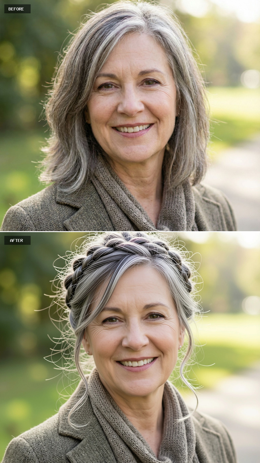 Loose Braided Updo With Partial Grey Hair, Soft Flyaways And Lived-in Texture, Romantic And Effortless On A 60-year-old Woman Smiling Outdoors