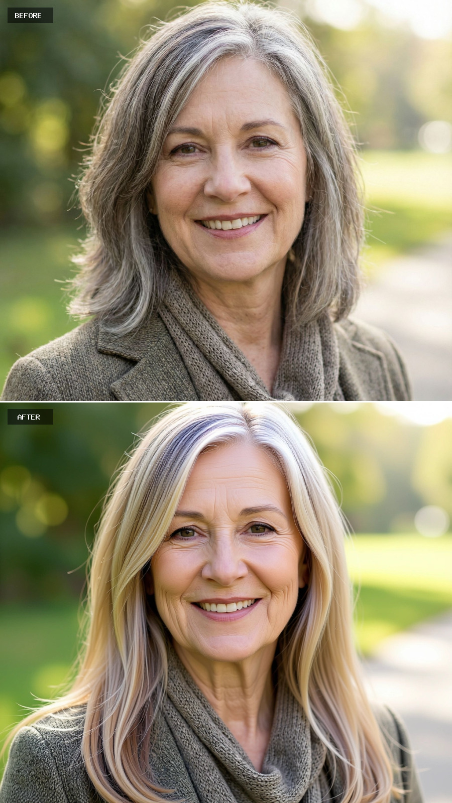 Long Sandy Blonde Hair Worn Straight With Feathered Layers And Blended Silver Strands, Glossy And Natural On A 60-year-old Woman Smiling Outdoors