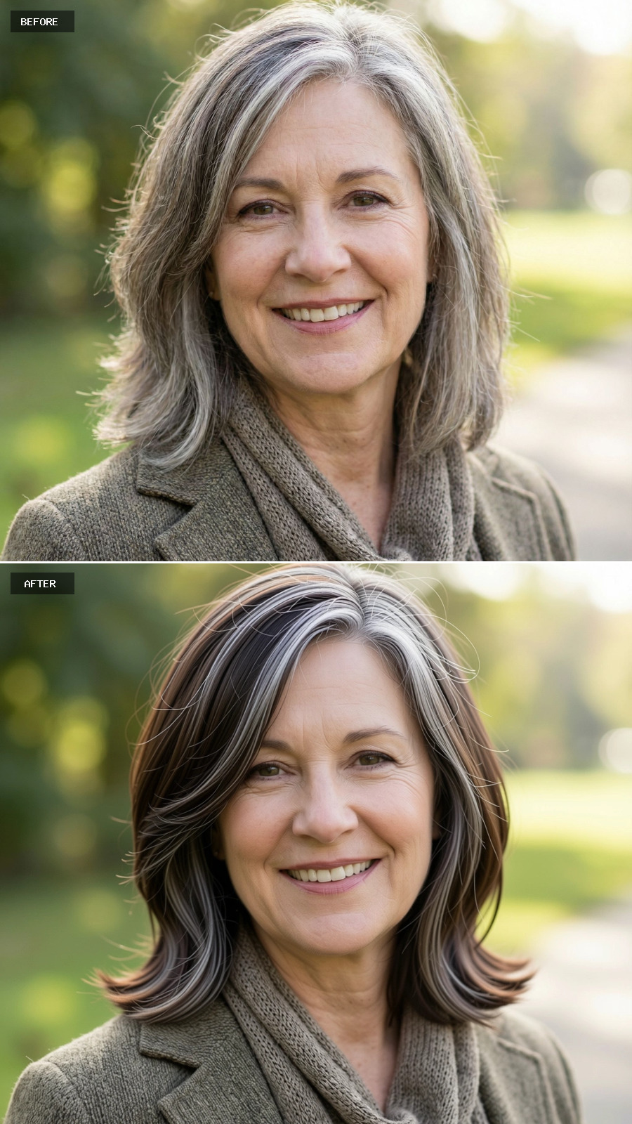 Medium-length Brunette Cut With Partial Grey, Soft Layers And A Smooth Everyday Blowout, Understated Elegance On A 60-year-old Woman Smiling Outdoors