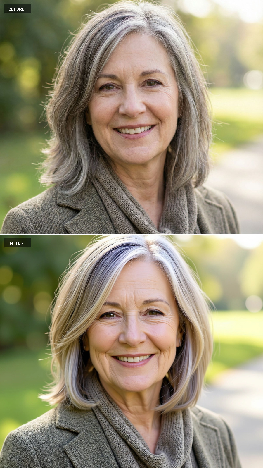 Soft Layered Sandy Blonde Bob With Blended Grey At The Temples, Light Movement Through The Ends, Clean And Modern On A 60-year-old Woman Smiling Outdoors