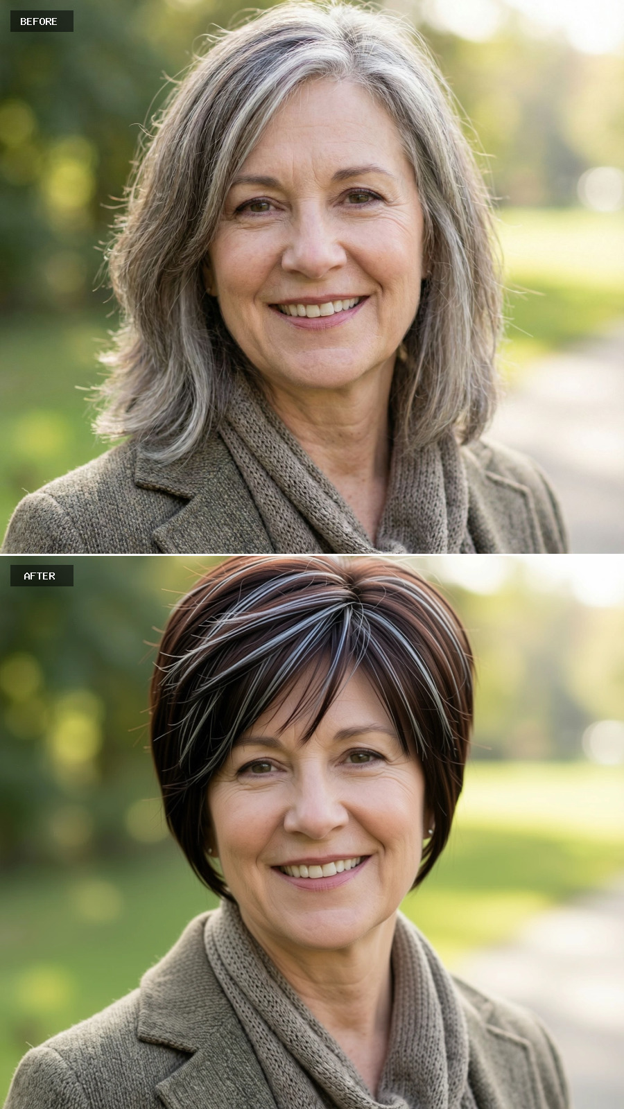Short Brunette Pixie With Subtle Silver Streaks And Longer Crown Layers, Airy Texture And Confident Shape On A 60-year-old Woman Smiling Outdoors