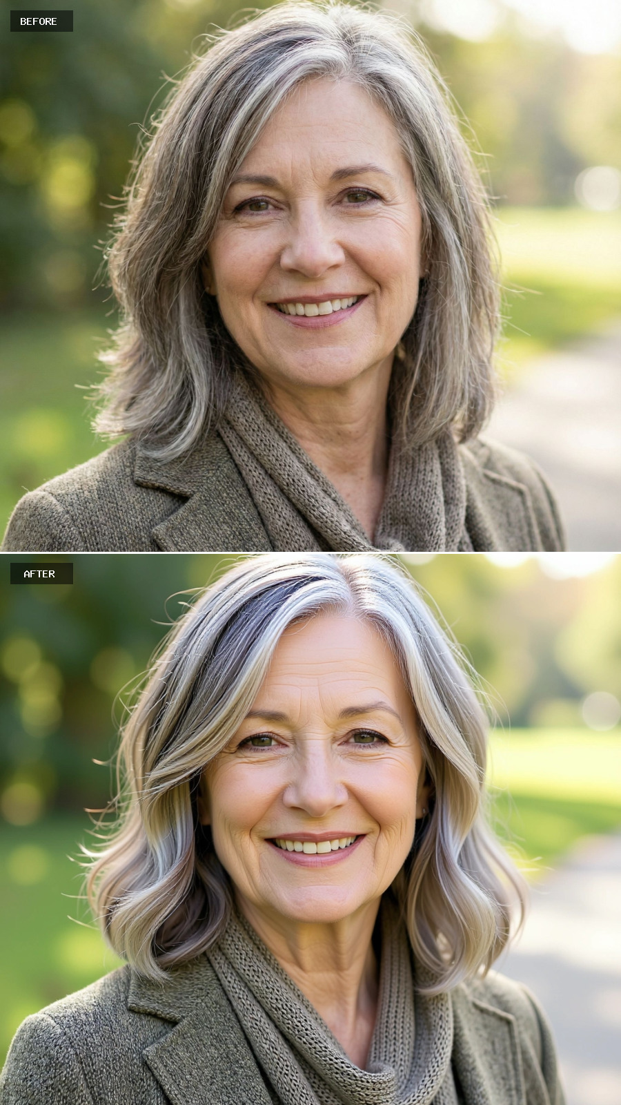 Collarbone-length Blonde Cut With Natural Grey Blended Throughout, Loose Waves And Soft Volume, Relaxed Elegance On A 60-year-old Woman Smiling Outdoors