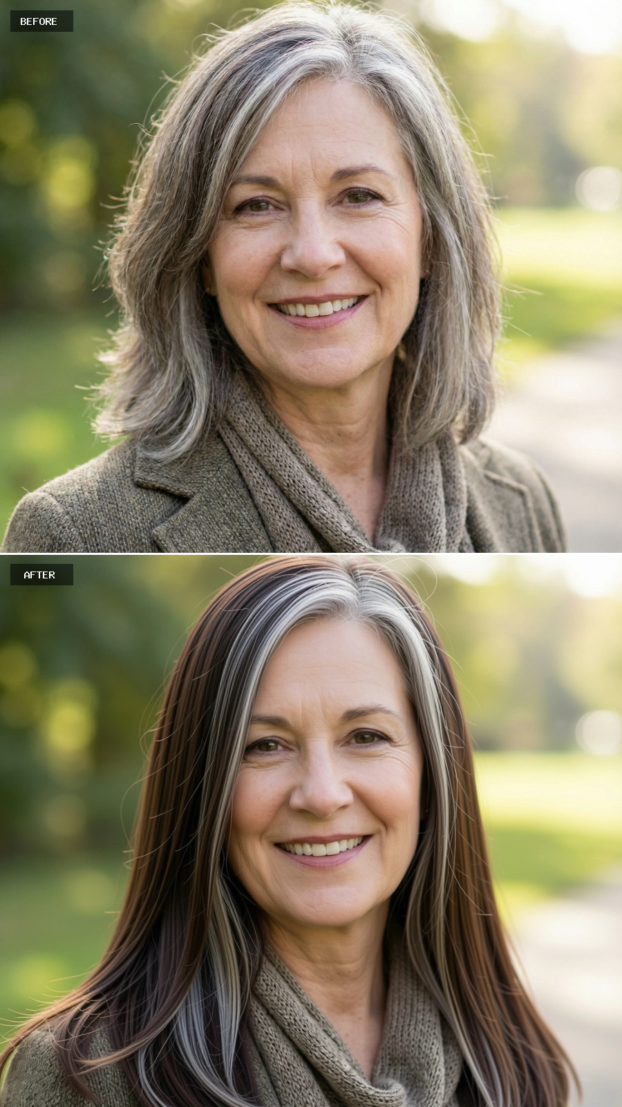 Long Brunette Hair With Light Grey Strands, Worn Straight With Feathered Layers And A Deep Side Part, Refined And Flattering On A 60-year-old Woman Smiling Outdoors