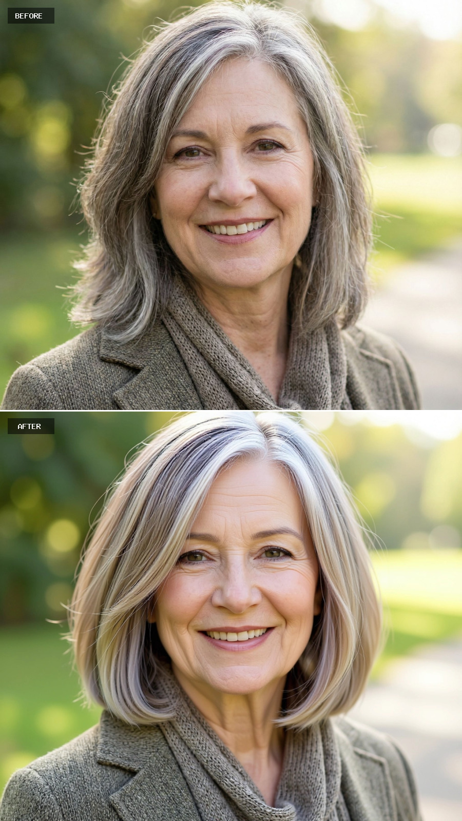 Chin-length Sandy Blonde Bob With Gentle Beveling And Internal Layering, Visible Grey For Dimension, Timeless Style On A 60-year-old Woman Smiling Outdoors