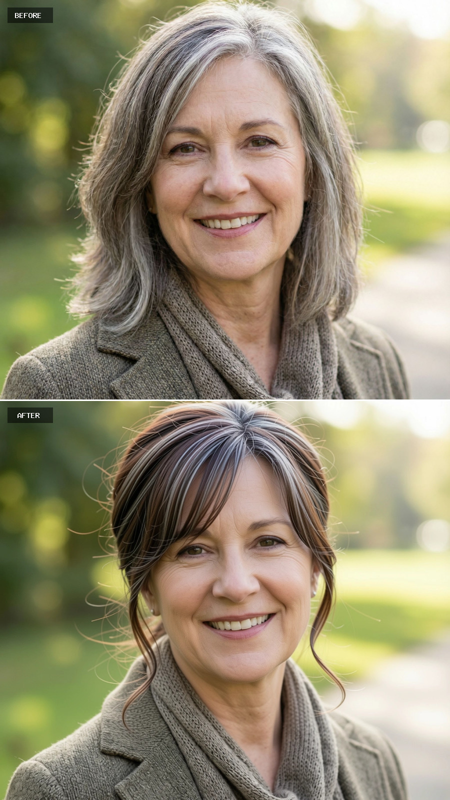 Low Twisted Updo In Brunette With Partial Grey, Soft Face-framing Pieces And Natural Texture On A 60-year-old Woman Smiling Outdoors