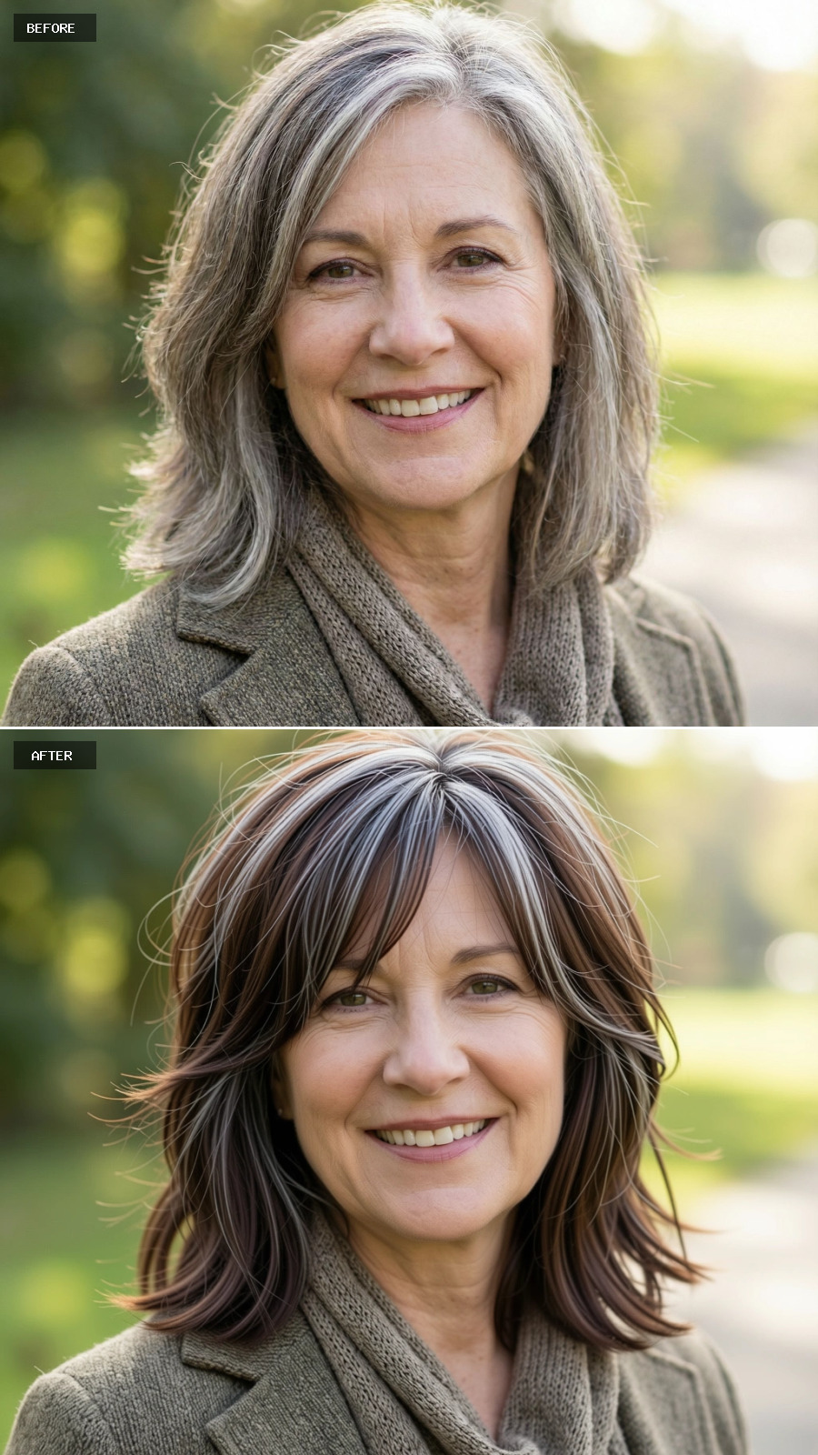 Medium-length Shaggy Brunette Cut With Silver Blended Through The Crown, Wispy Fringe And Lived-in Movement On A 60-year-old Woman Smiling Outdoors