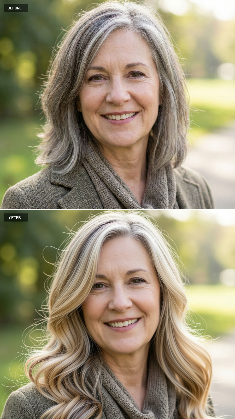 Long Sandy Blonde Hair Styled In Loose S-waves With Grey Woven In, Effortless And Softly Polished On A 60-year-old Woman Smiling Outdoors