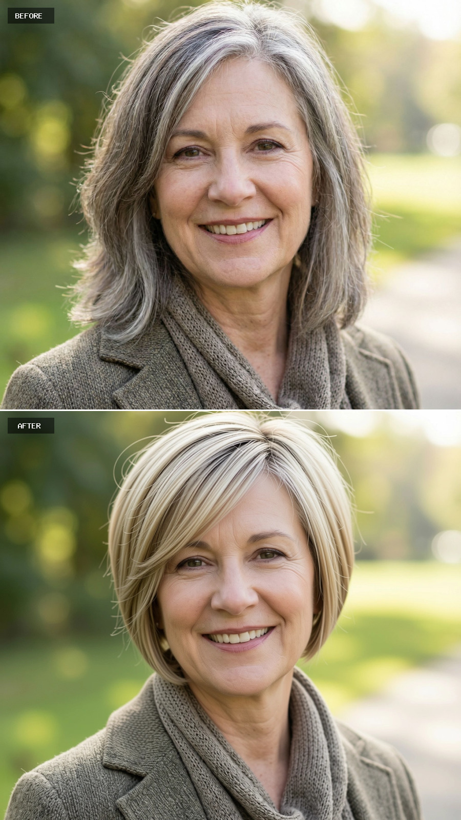 Short Sandy Blonde Pixie With Tapered Sides And Subtle Grey Accents, Lightweight And Modern On A 60-year-old Woman Smiling Outdoors