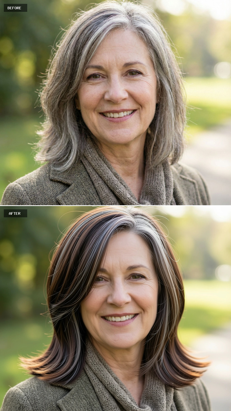 Shoulder-length Brunette Cut With Partial Grey, Smooth Blowout And Soft Layering At The Ends On A 60-year-old Woman Smiling Outdoors