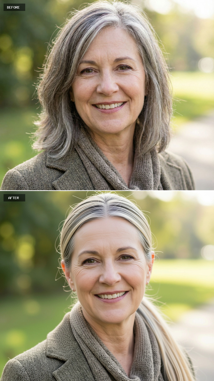 Sleek Low Ponytail In Sandy Blonde With Blended Grey, Center Part And Minimalist Elegance On A 60-year-old Woman Smiling Outdoors