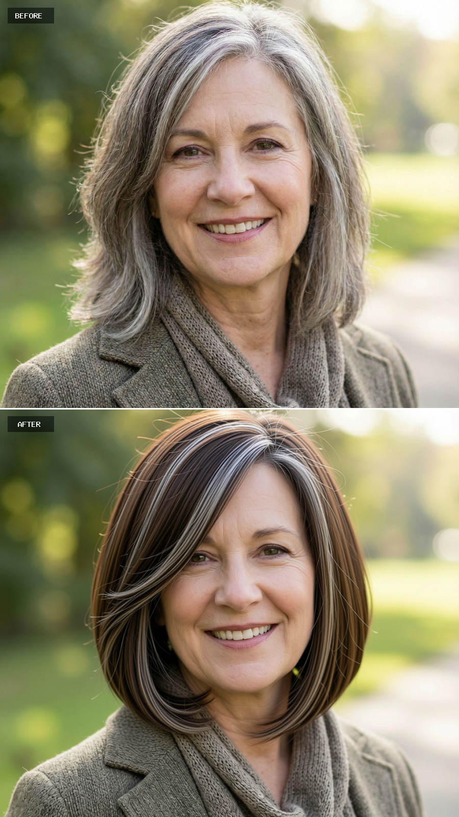 Jaw-length Brunette Bob With Salt-and-pepper Blending And Side-swept Styling, Contemporary And Flattering On A 60-year-old Woman Smiling Outdoors