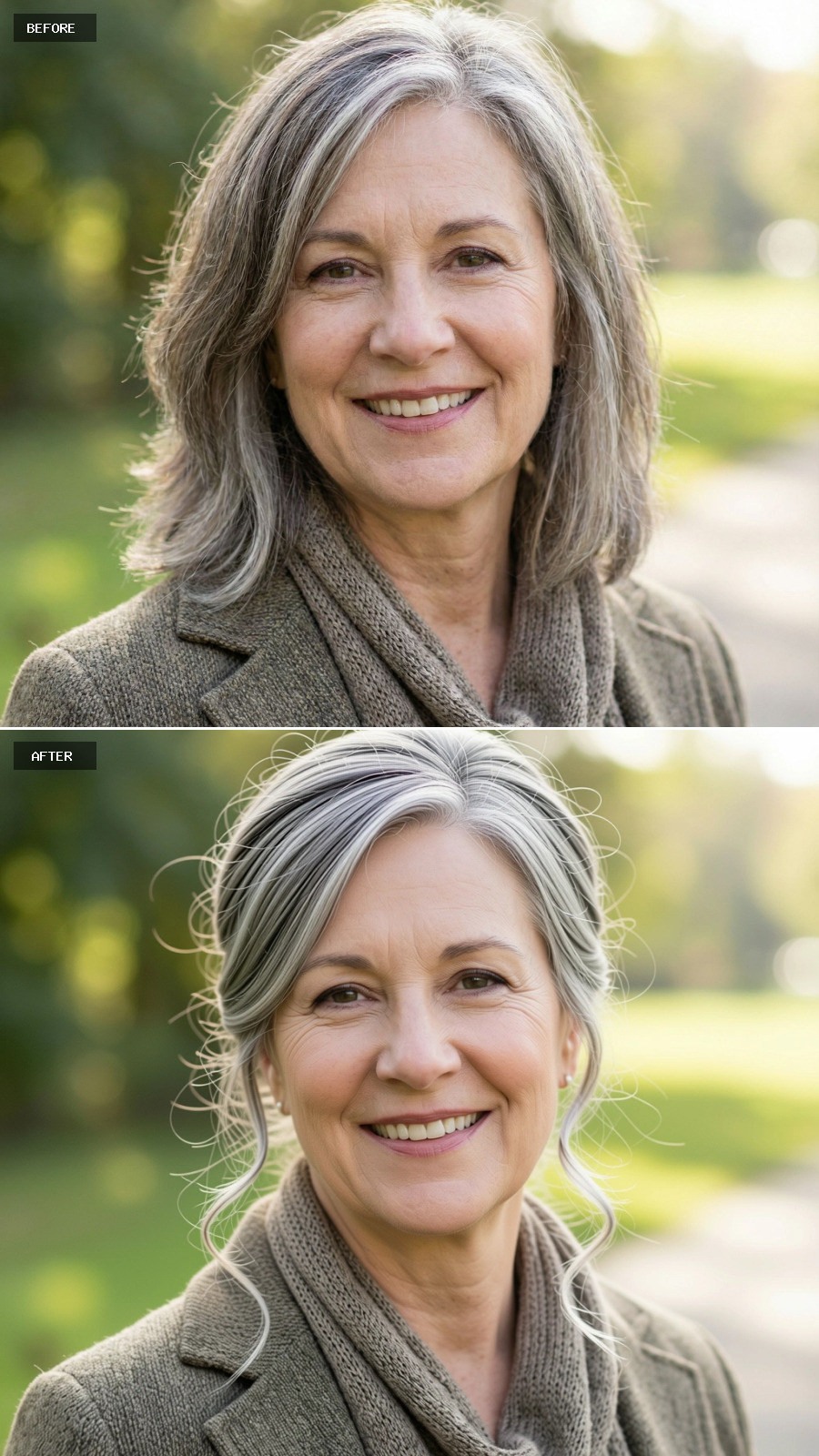 Elegant Low Chignon With Partial Grey Hair, Softly Undone With Wispy Tendrils, Graceful And Age-appropriate On A 60-year-old Woman Smiling Outdoors