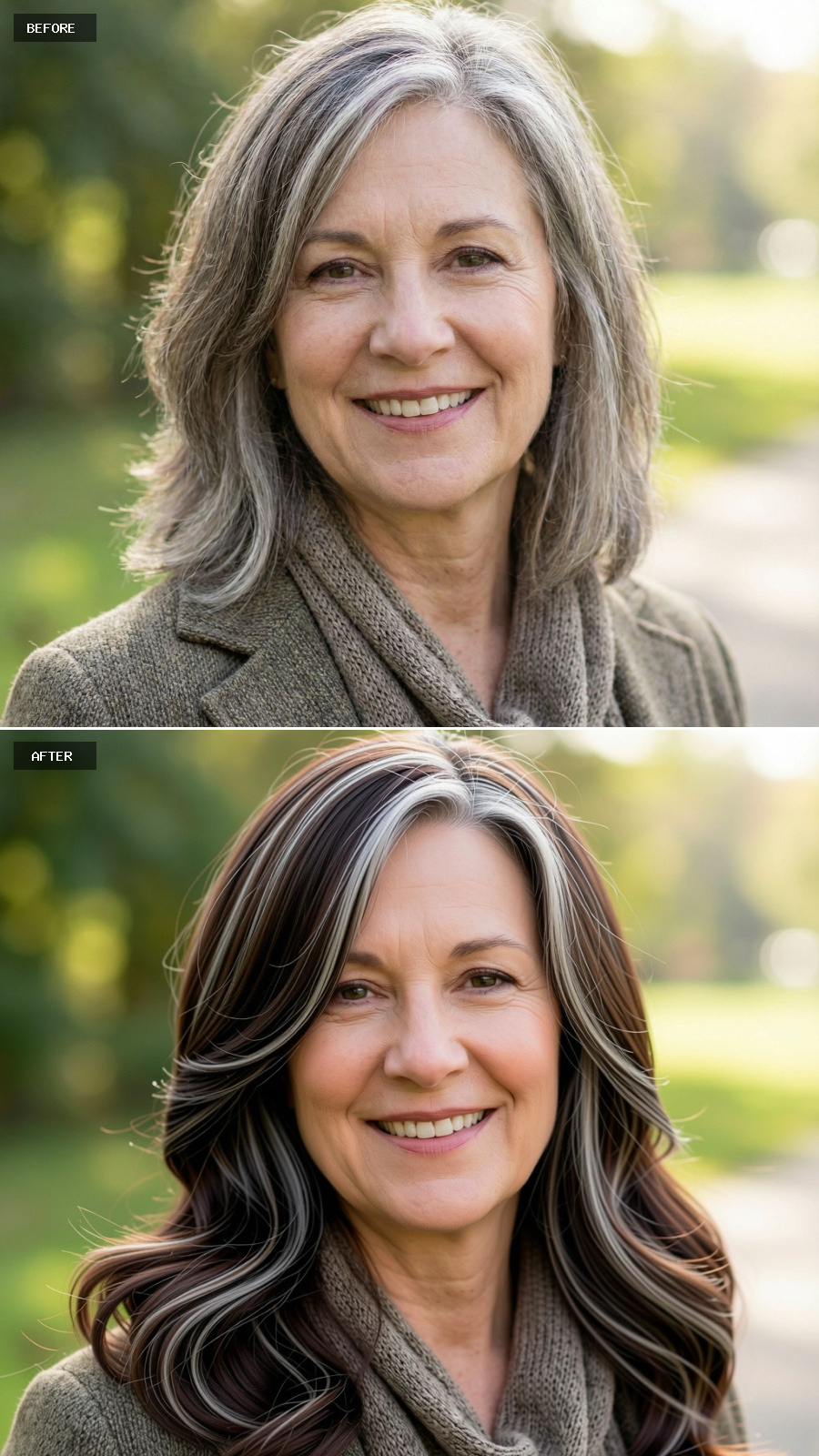 Long Brunette Hair With Light Silver Strands Styled In A Smooth Layered Blowout, Lifted And Refined On A 60-year-old Woman Smiling Outdoors